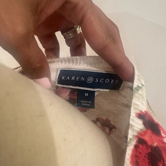 Karen Scott Red and Tan Floral Button Up Cardigan Sweater - Picture 7 of 8